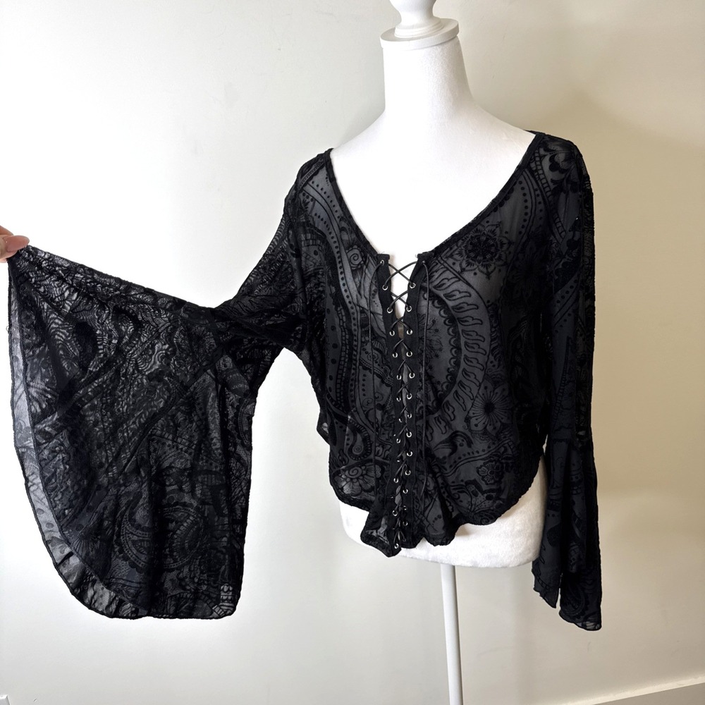 Y2k 90s Victorian Whimsigoth Sheer Mesh Flare Sleeve Lace Up Dark Fairy Top 2X